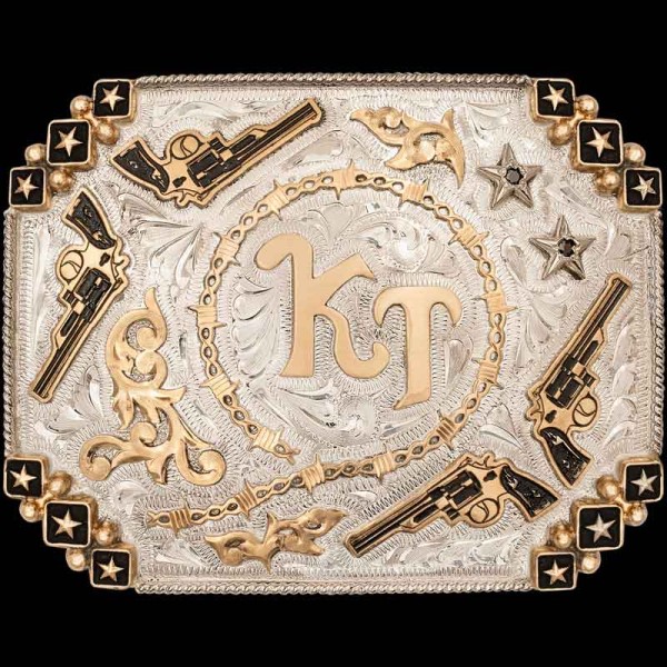 "Make your mark with a buckle that delivers a bang—bold, iconic, and impossible to ignore! Our Kennewick Belt Buckle is expertly hand-engraved on a German Silver base, featuring striking edge pieces decorated with bronze stars in boxes and a flawless